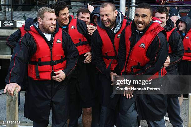 Brett Wilkinson, Mike McCarthy, Dan Tuohy and Simon Zebo of the Irish rugby team experience a jet boat ride on June 2, 2012 in Auckland, New Zealand.