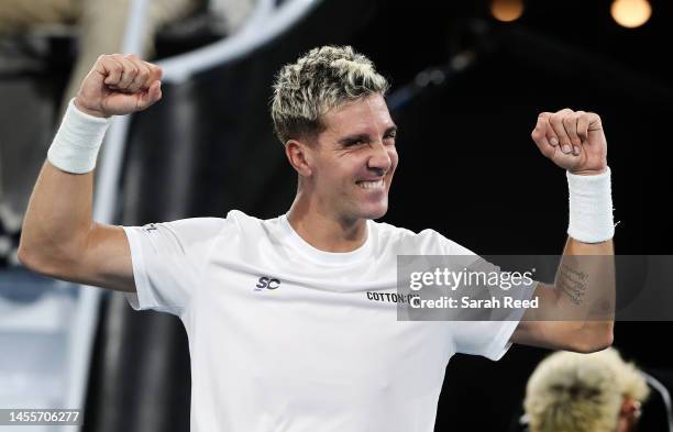 Thanasi Kokkinakis of Australia defeats Andrey Rublev during day three of the 2023 Adelaide International at Memorial Drive on January 11, 2023 in...