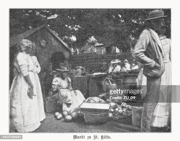 stockillustraties, clipart, cartoons en iconen met market in saint kitts, caribbean, halftone print, published in 1899 - woman slavery