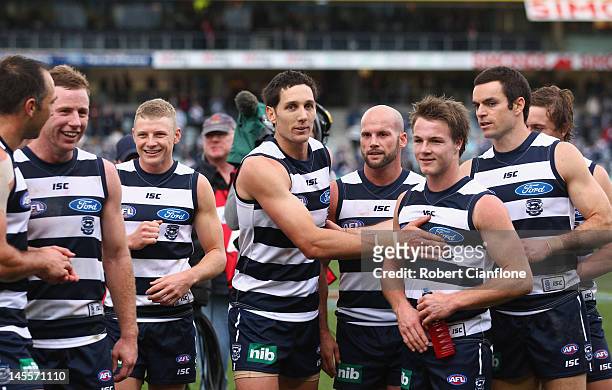 The Cats celebrate after they defeated the Giants at the round 10 AFL match between the Geelong Cats and the Greater Western Sydney Giants at Simonds...