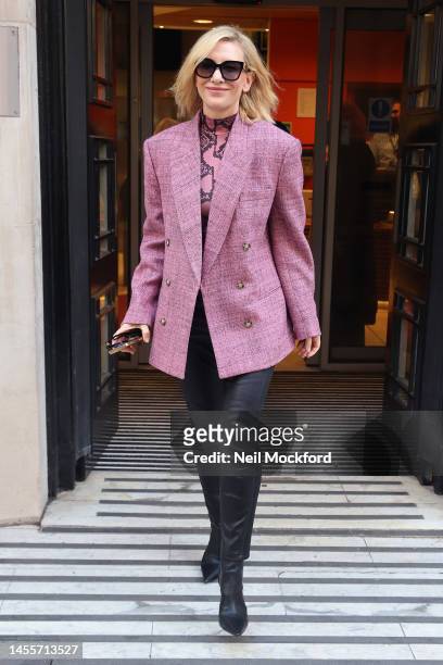 Cate Blanchett leaving BBC Radio 2 whilst promoting new movie 'Tár' on January 11, 2023 in London, England.