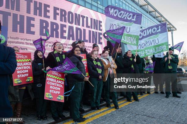 Workers at the main London Ambulance call centre in Newham East London begin a strike called by the UNISON trade union over pay on January 11, 2023...