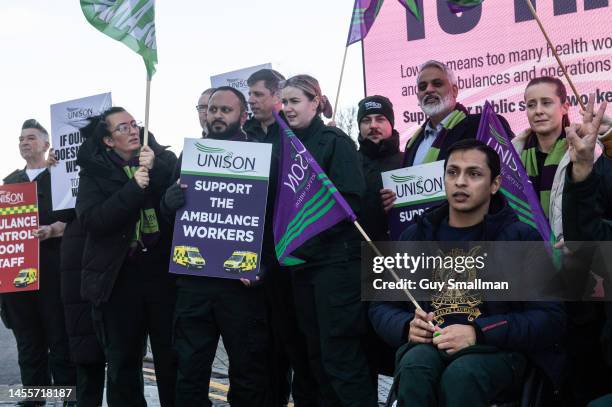 Workers at the main London Ambulance call centre in Newham East London begin a strike called by the UNISON trade union over pay on January 11, 2023...