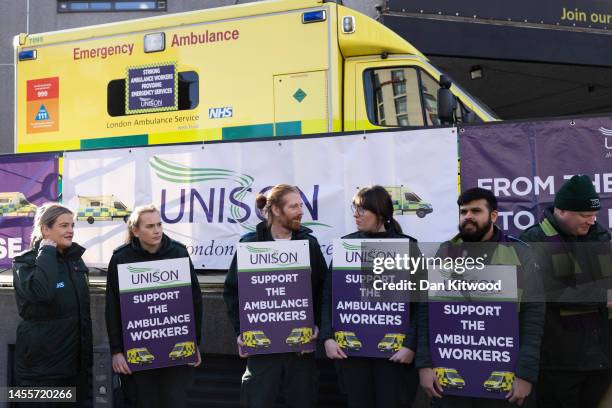 Ambulance service workers and Unison U.K. Public-sector union members join a picket line outside the London Ambulance Service headquarters in...