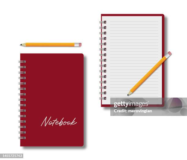 stockillustraties, clipart, cartoons en iconen met spiral notebook empty page and cover with pencil, realistic vector mock-up - folder mockup