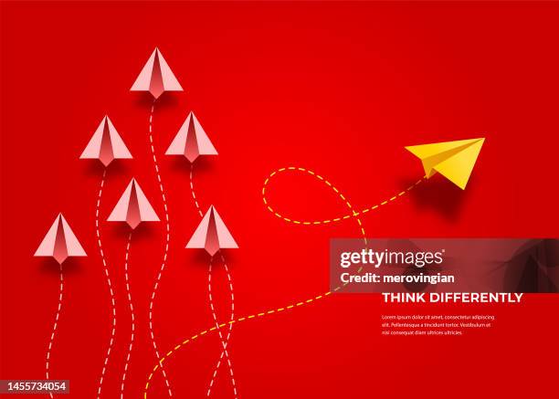 flying paper airplanes. think differently, leadership, trends, creative solution and unique way concept. be different - think differently concept stock illustrations