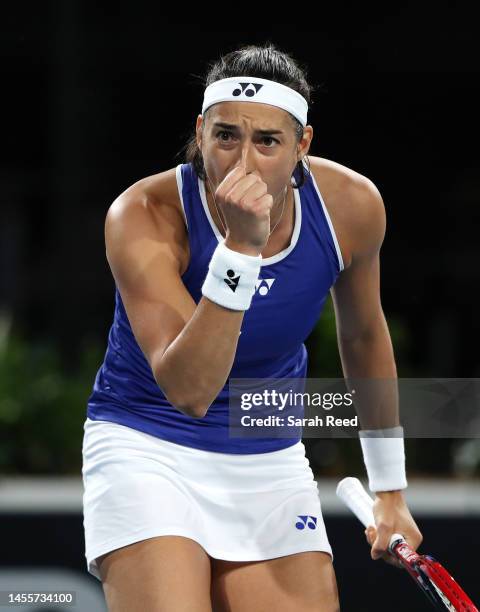 Caroline Garcia from France defeats Katerina Siniakova of Czechoslovakia during day three of the 2023 Adelaide International at Memorial Drive on...