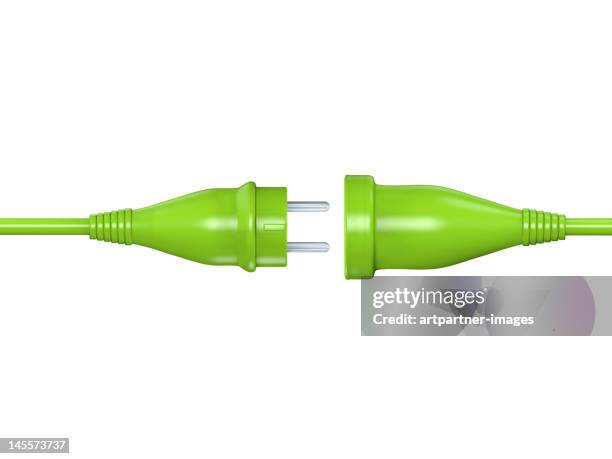 green electric power plug and cable on white - elkontakt bildbanksfoton och bilder