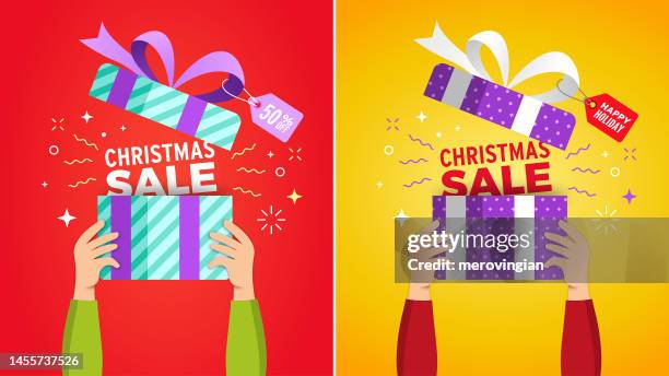 hands raised holding gift box for christmas shopping holiday - hand shopping bag stock illustrations