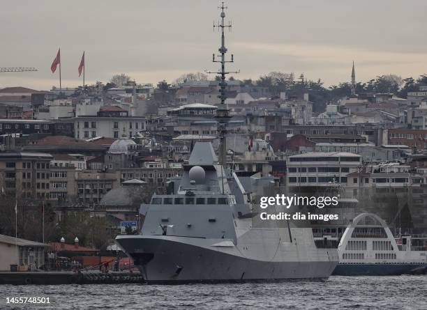 Fremm-class D656 Alsace, a French Navy frigate, docked at Sarayburnu Port on January 11,2023 in Istanbul, Türkiye.