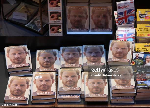 Copies of Prince Harry’s memoir “Spare” sit on display at the Dussmann das KulturKaufhaus bookshop, on January 11, 2023 in Berlin, Germany. According...