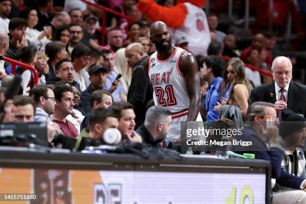 Dewayne Dedmon of the Miami Heat reacts as he is ejected from the game during the second quarter against the Oklahoma City Thunder at FTX Arena on...