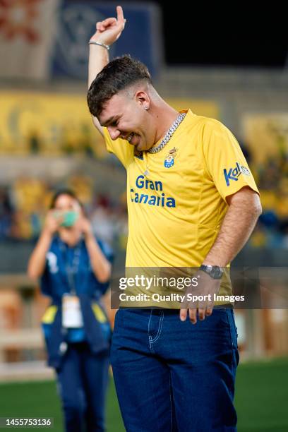 Singer Pedro Luis Dominguez Quevedo, known artistically as 'Quevedo' during the match between UD Las Palmas and CD Tenerife at Estadio Gran Canaria...