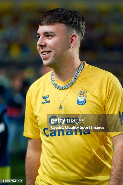 Singer Pedro Luis Dominguez Quevedo, known artistically as 'Quevedo' during the match between UD Las Palmas and CD Tenerife at Estadio Gran Canaria...