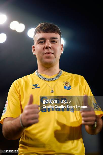 Singer Pedro Luis Dominguez Quevedo, known artistically as 'Quevedo' during the match between UD Las Palmas and CD Tenerife at Estadio Gran Canaria...