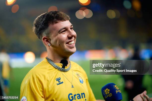 Singer Pedro Luis Dominguez Quevedo, known artistically as 'Quevedo' during the match between UD Las Palmas and CD Tenerife at Estadio Gran Canaria...