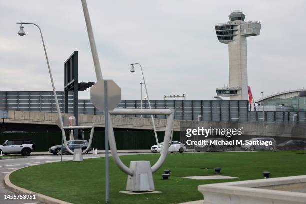 An air traffic control tower is seen at JFK airport on January 11, 2023 in New York City. Thousands of flights throughout the country were grounded...