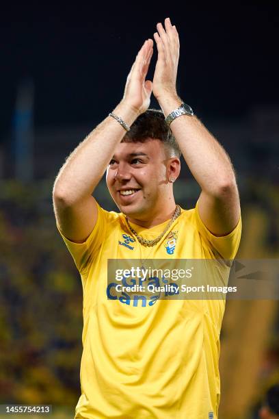 Singer Pedro Luis Dominguez Quevedo, known artistically as 'Quevedo' takes ceremonial kick-off during the match between UD Las Palmas and CD Tenerife...