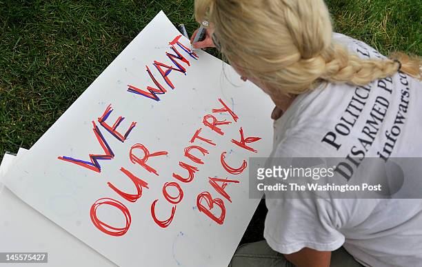 Arleen McInarnay worked on her sign to wave at vehicles entering the Westfields Marriott for the secretive Bilderberg conference on June 01 2012 in...