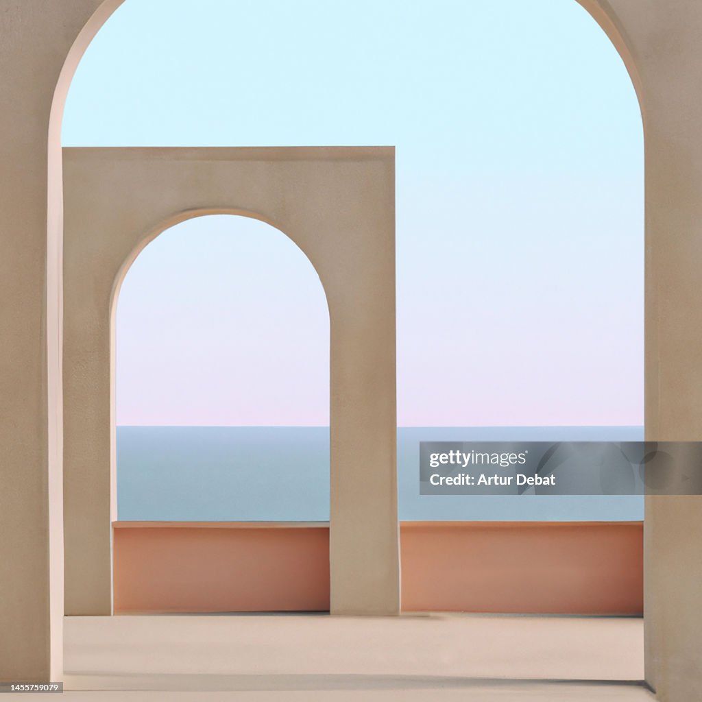 Surreal picture of a minimal architecture with arches and the sea.