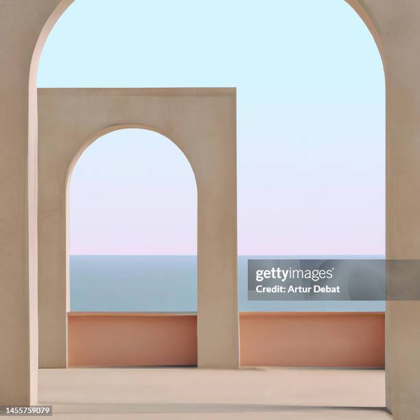 surreal picture of a minimal architecture with arches and the sea. - bogen stockfoto's en -beelden