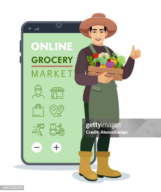grocery delivery at home. smartphone app. - essential services icons stock illustrations