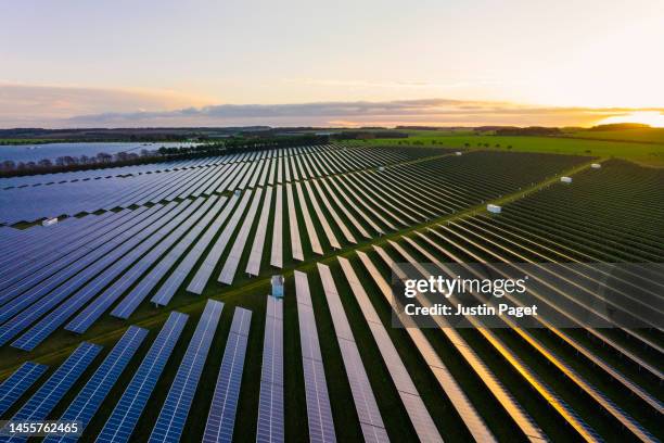 abstract aerial/drone view over a field of solar panels at sunrise - solar panel stockfoto's en -beelden