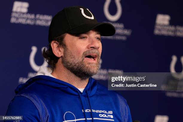 Interim head coach Jeff Saturday of the Indianapolis Colts speaks to media at a press conference at the Indiana Farm Bureau Football Center on...