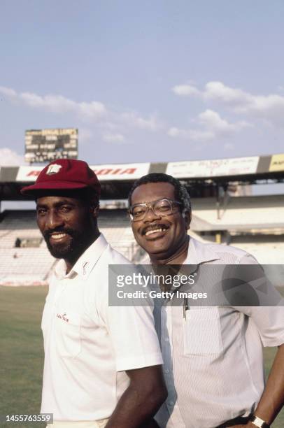 West Indies batsman Viv Richards pictured with Television and Radio broadcaster Trevor McDonald during the 1983 West Indies tour to India in Bombay,...