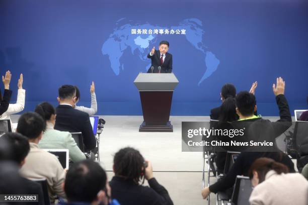 Ma Xiaoguang, a spokesperson for the Taiwan Affairs Office of the State Council, speaks during a regular press conference on January 11, 2023 in...