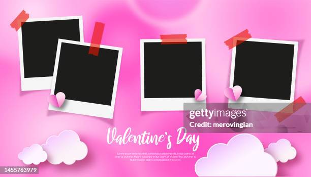 photo frame with valentine's day collection. pink background and paper cut heart shapes. - valentines day stock illustrations