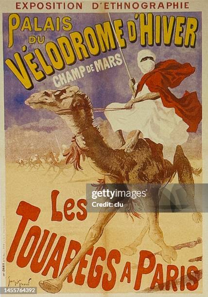 paris, palais du velodrome d'hiver, the tuaregs in paris - old poster stock illustrations