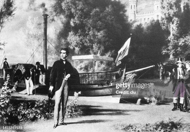 könig ludwig ii. von bayern landet mit seinem schiff tristan in berg, starnberger see, 1867 - bayern muster stock-grafiken, -clipart, -cartoons und -symbole