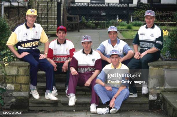 Players from some of the counties pictured during the launch of the Coloured County named kits for the 1995 Axa Equity & Law Sunday League on March...