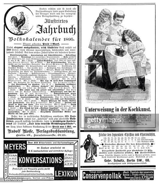 ads in a german magazine of 1898 - vintage yearbook stock illustrations