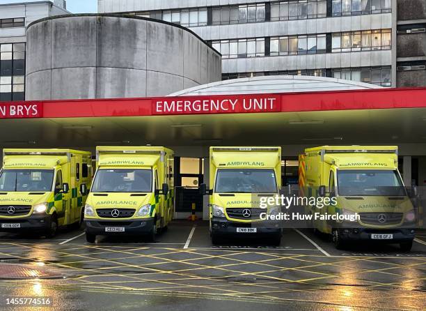 View of the accident and Emergency unit at University Hospital Wales with Emergency ambulances parked outside despite members of GMB union being on...