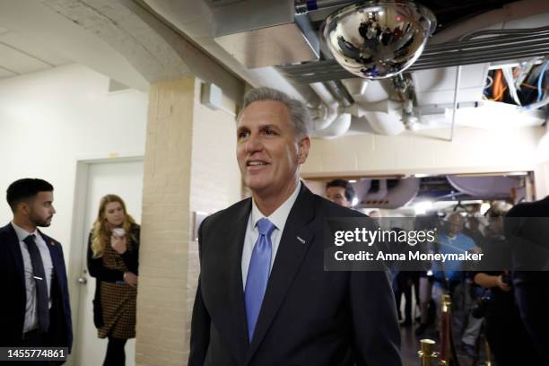 Speaker of the House Kevin McCarthy arrives to a meeting with the House Republican Steering Committee at the U.S. Capitol Building on January 11,...