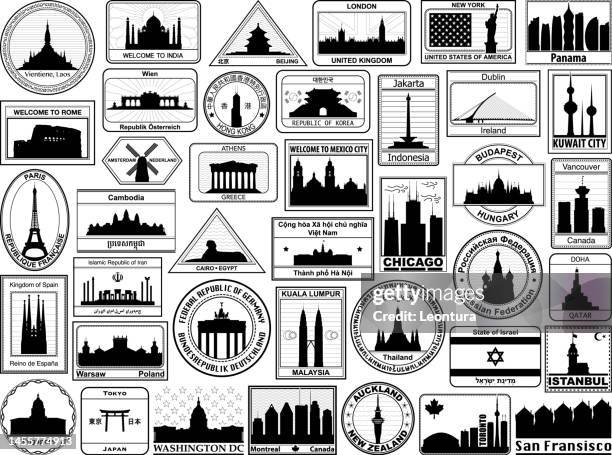 passport stamps - vancouver washington buildings stock illustrations