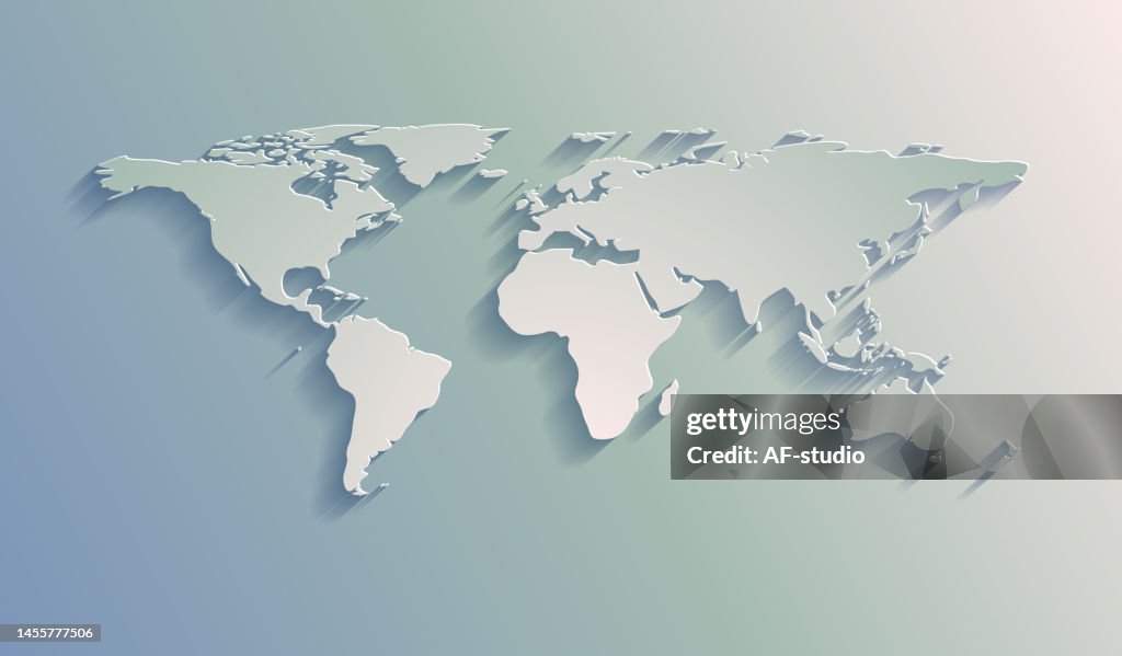 World map with paper cut effect on blank background