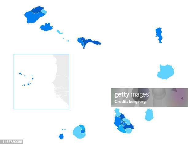 stockillustraties, clipart, cartoons en iconen met high detailed cape verde blue map with regions and national borders - praia