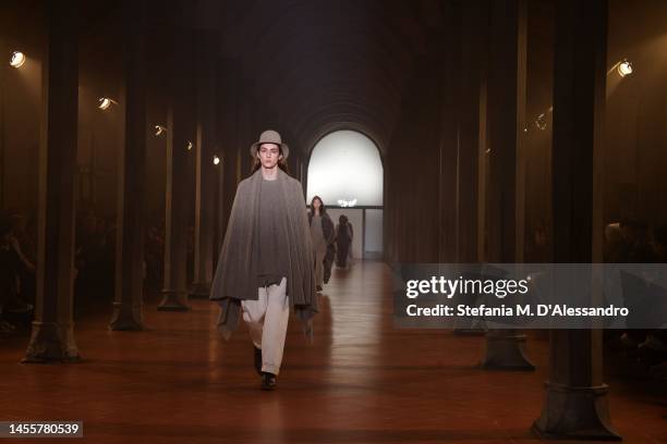 Model walks the runway at the Jan-Jan Van Essche Designer Project fashion show during Pitti Immagine Uomo 103 on January 11, 2023 in Florence, Italy.