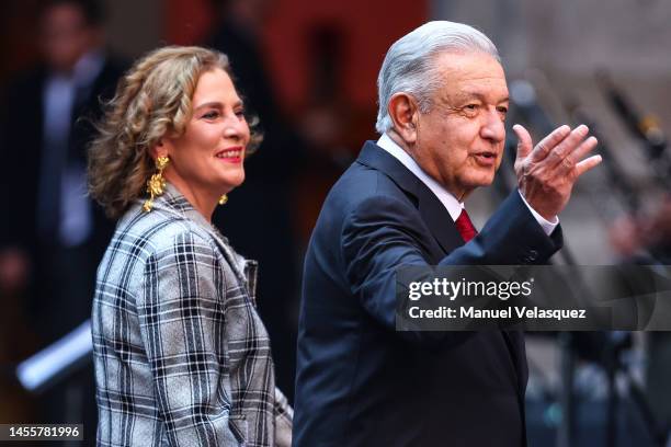 Andres Manuel Lopez Obrador, President of Mexico walks with his wife Beatriz Gutierrez Müller, during the welcome ceremony for Canadian Prime...