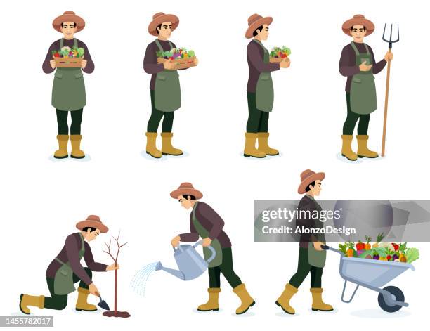 stockillustraties, clipart, cartoons en iconen met farmer. different poses design. - krat