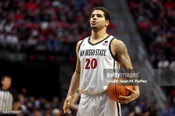 Matt Bradley of the San Diego State Aztecs prepares to take a foul shot during the second half of a game against the Nevada Wolf Pack at Viejas Arena...