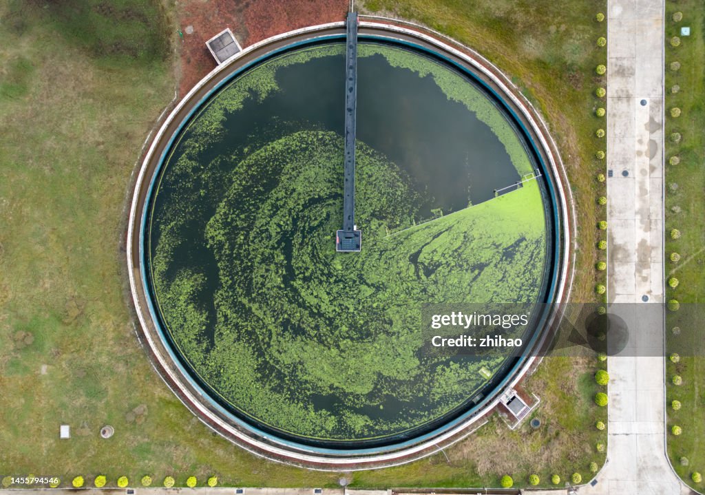Aerial view of the circular pool of the sewage treatment plant