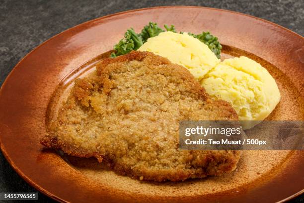 crispy chicken schnitzel with mashed potato,arad,romania - breaded stock pictures, royalty-free photos & images