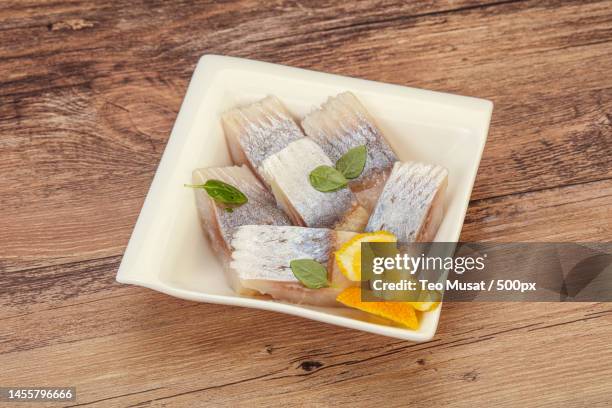 high angle view of food in plate on table,arad,romania - aringa foto e immagini stock