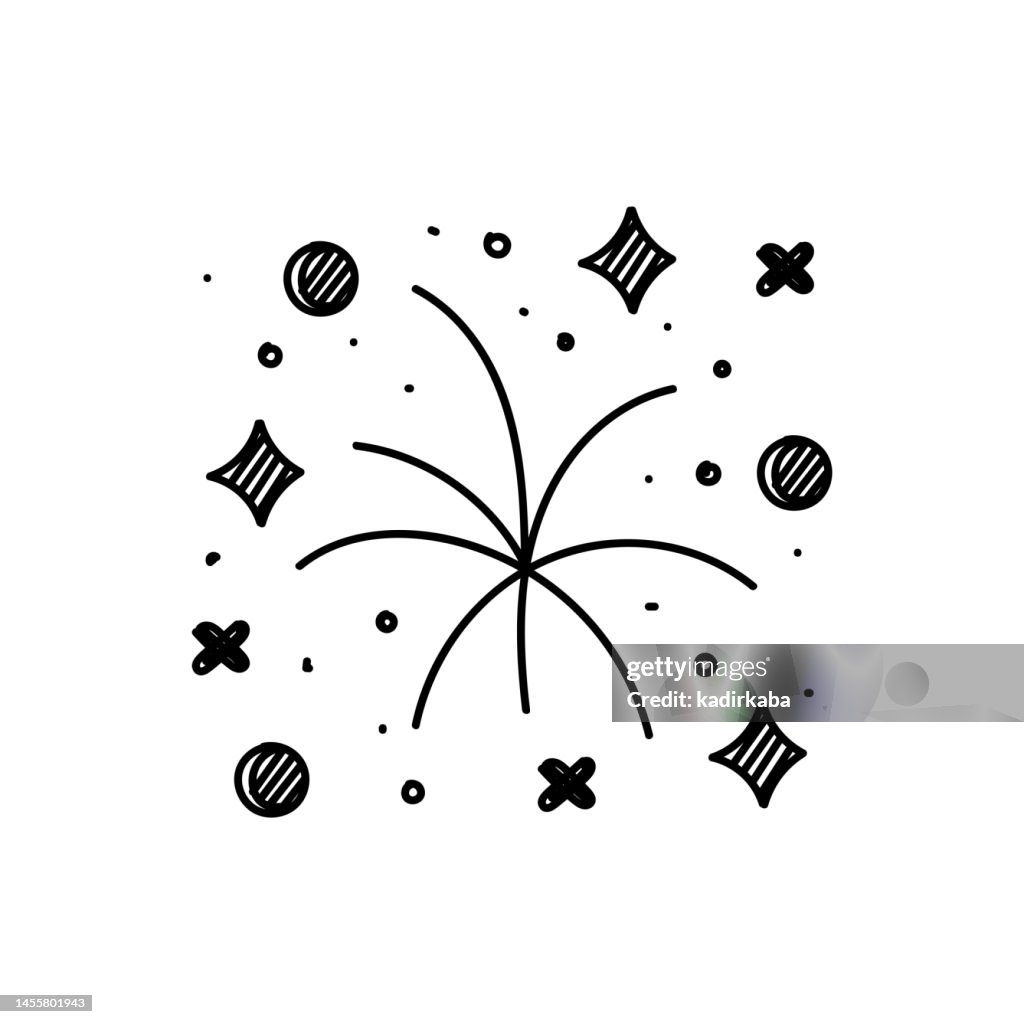 Fireworks-Liniensymbol, Skizzendesign, Pixel perfekt, Bearbeitbarer Strich. Party, Unterhaltung, Festveranstaltung, hell, explodierend.