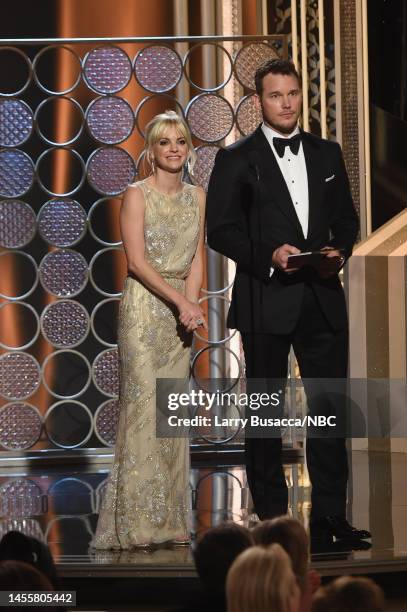 72nd ANNUAL GOLDEN GLOBE AWARDS -- Pictured: Anna Faris and Chris Pratt speak onstage at the 72nd Annual Golden Globe Awards held at the Beverly...
