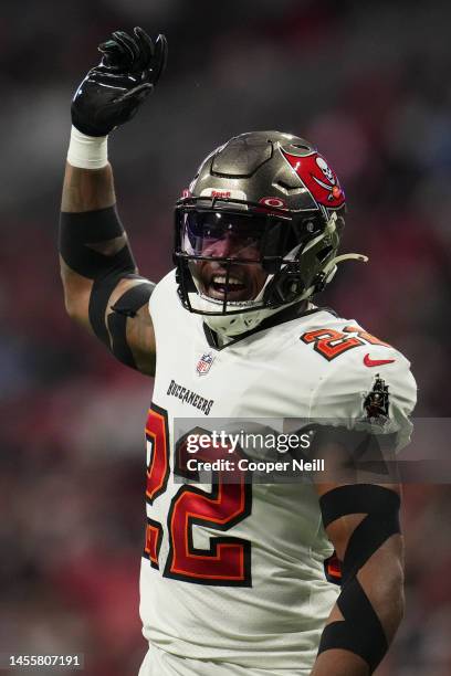 Keanu Neal of the Tampa Bay Buccaneers celebrates against the Atlanta Falcons at Mercedes-Benz Stadium on January 8, 2023 in Atlanta, Georgia.